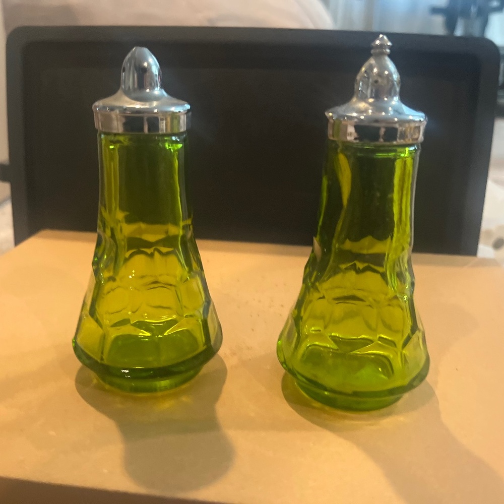 Viking glass salt and pepper shakers